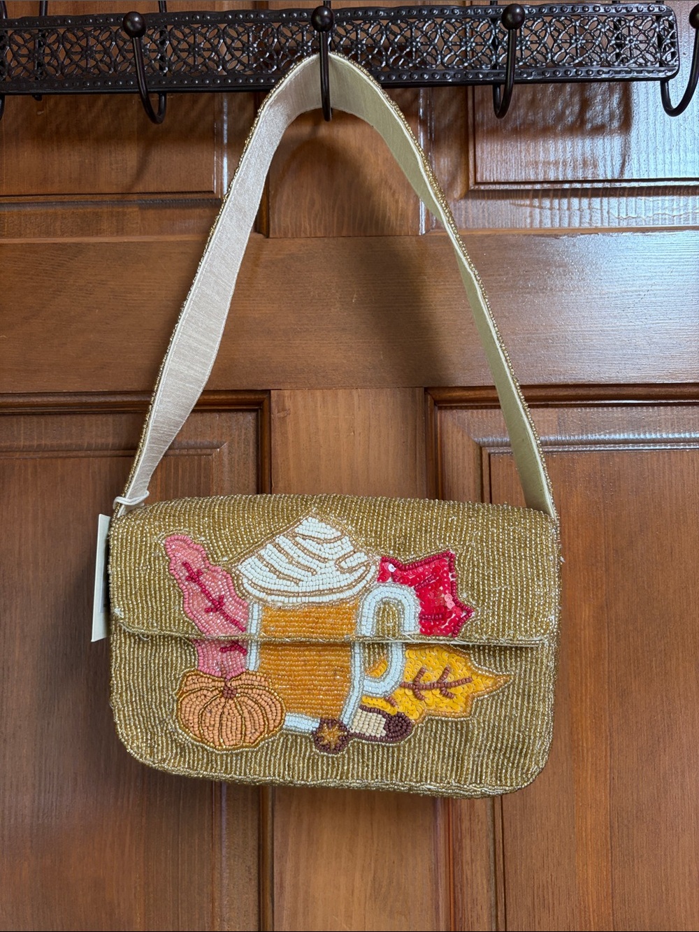 Beaded Autumn Motif Shoulder Bag - Mustard